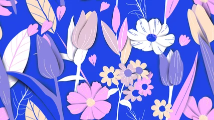Fotobehang Floral seamless pattern, hand drawn flowers and plants in blue and pink tones © momosama