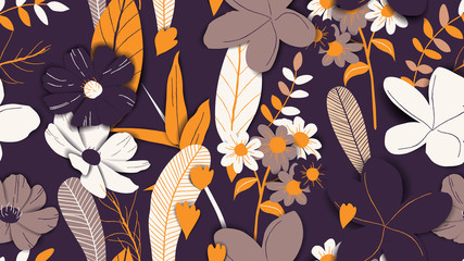 Floral seamless pattern, hand drawn flowers and plants in purple and yellow tones