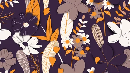 Fototapeten Floral seamless pattern, hand drawn flowers and plants in purple and yellow tones © momosama