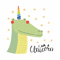 Zelfklevend Fotobehang Hand drawn vector illustration of a cute funny crocodile with a unicorn horn, lettering quote I am a unicorn. Isolated objects. Scandinavian style flat design. Concept for children print. © Maria Skrigan