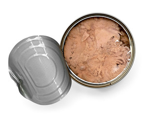 Tuna can, isolated on white background. Top view or high angle shot of conserved tuna fish packed in an opened metal tin.