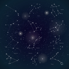 Set of zodiac constellations. Vector space and stars illustration.