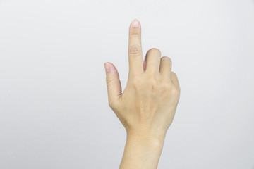 Hand female index finger on white background.