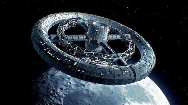Circular space station. Giant sci-fi torus rotate on Moon background, 3d animation. Lunar texture was created in the graphic editor without photos and other images.