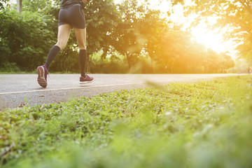 Group of people running race marathon