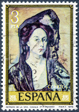 stamp printed by Spain, shows Portrait of Mrs. Canals  by Pablo Ruiz Picasso