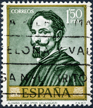 stamp printed by Spain, shows picture Alonso Cano by Velazquez