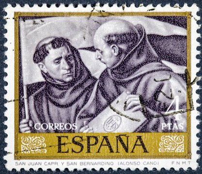 stamp printed by Spain, shows picture Saint John Capri and Saint Bernardino  by Alonso Cano