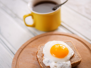 Breakfast. Coffee and egg on bread