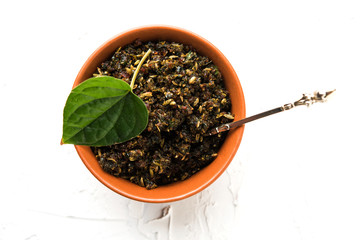 Mukhwas or Tambul is a fine mixture of Paan masala. It's popular mouth freshener from India consumed after meals. Also offered to Goddess Durga devi in puja