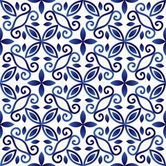 Ceramic tile pattern. Islamic, indian, arabic motifs. Damask seamless pattern. Porcelain ethnic bohemian background.  Abstract flower. Print for fabric and paper