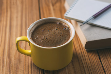 Workplace in the office. Coffee and pen with Notepad