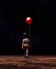 boy with red balloon in the dark,3d illustration
