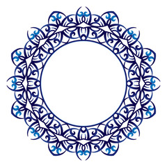 Ceramic tile pattern. Decorative round ornament. White background with art frame. Islamic, indian, arabic motifs.
