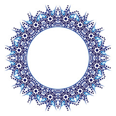 Ceramic tile pattern. Decorative round ornament. White background with art frame. Islamic, indian, arabic motifs.