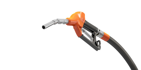 Orange gasoline pistol. Oil dispenser. Refueling (fuel) gun. 3d illustration. Isolated on white background.
