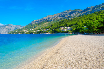 beautiful beach punta rata in Brela, Croatia and adriatic sea, Dalmatia at summer - obrazy, fototapety, plakaty