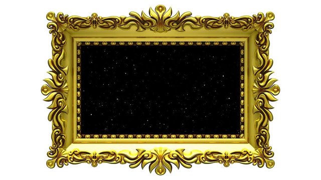 Camera zoom into the gold picture frame on white background. Hyperspace jump and Tv noise plays on the screen. 3D animation.
