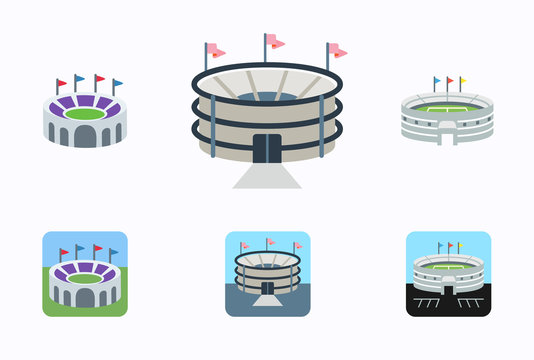Set of football stadiums arenas vector illustration symbols, icons in flat style isolated. Soccer stadium buildings collection pack.