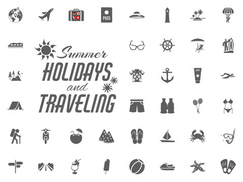 Summer holidays and Traveling vector icons set.