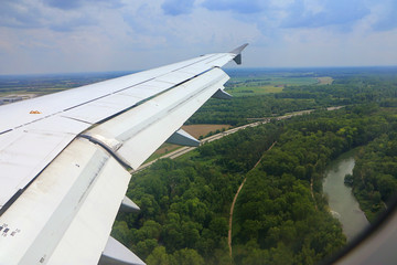 Aerial view of Bavarian countryside near Munich, woods and and the Isar river