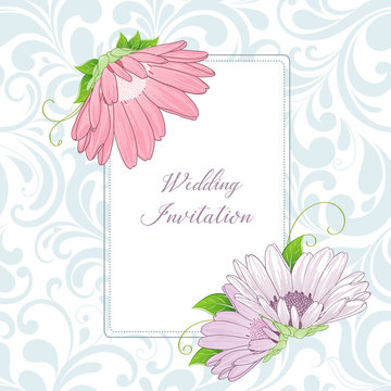 Romantic spring floral greeting frame. An invitation  and flowers of zinnia for a wedding, birthday, holiday.