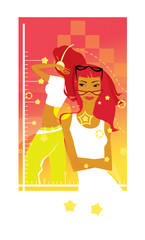 Two dreamy girls with a yellow and crimson background. Time and future.