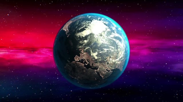 Movement in outer space of Earth on abstract nebula background. Seamless loop 3D animation. Texture of Planet was created in graphic editor without photos. Pattern of city lights furnished by NASA.
