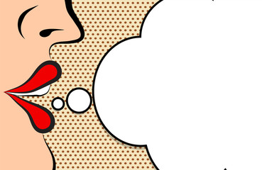 Woman lips speak with white speaking bubble over dot pop art comic style background, stock vector illustration © pukach2012