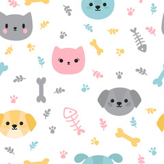 Childish seamless pattern with cute little puppies and kittens. Trendy background with cartoon dogs and cats. Nursery decoration, wrapping paper