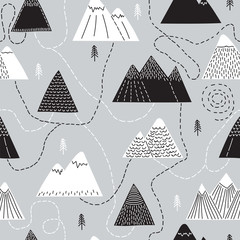 Cute hand drawn seamless pattern with trees and mountains. Creative scandinavian woodland background. Forest. Stylish sketch