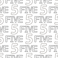 Seamless pattern with numeral and word five. Coloring page.