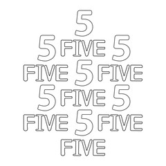 Numeral and word five. Coloring page.
