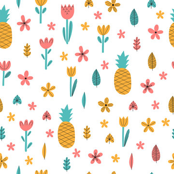 Hand drawn summer seamless pattern with flowers and pineapple. Cute tropical childish background. Stylish decorative elements