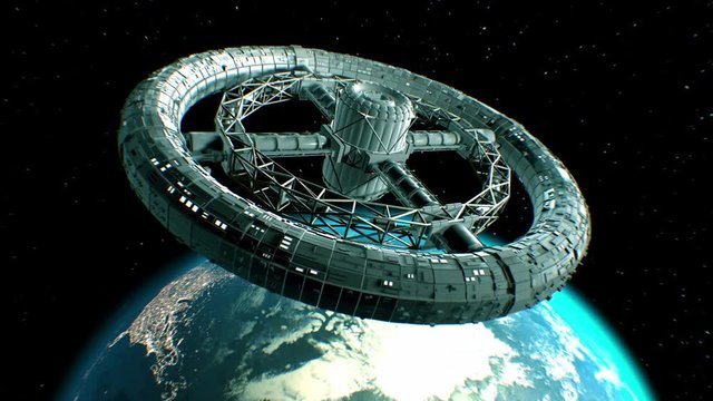 Circular space station. Giant sci-fi torus rotate on Earth background, 3d animation. Texture of the Planet was created in graphic editor without photos. Pattern of city lights furnished by NASA.