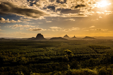 View of Glass House Mountains at sunset visible from Wild Horse Mountain Lookout