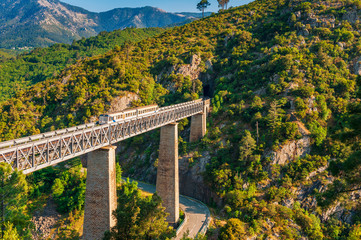 Fototapeta premium Train crossing Gustave Eiffel's Viaduct in Vecchio, Corsica, France