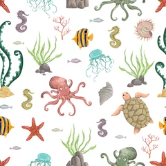 Papier peint Animaux marins Modèle sans couture avec des plantes marines, des coraux, des algues, des pierres et des animaux. Flore et faune marines dessinées à la main dans un style aquarelle. Illustration vectorielle