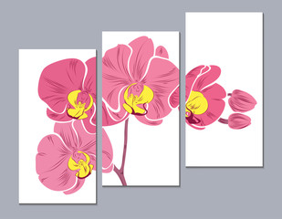 A set of 3 canvases for wall decoration in the living room, office, bedroom, kitchen, office. Home decor of the walls. Floral background with flowers of orchid. Element for design. 