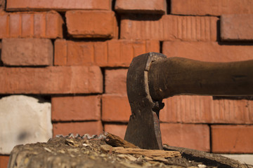 ax in the deck close-up
