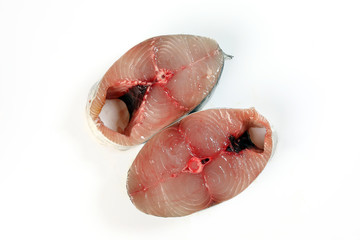 Spanish Mackerel fish ikan tenggiri pieces fillet on white background