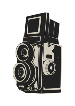 Vintage double-lens camera. Two colors. Flat vector.