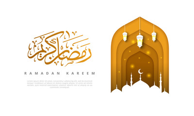 Islamic beautiful design template. Mosque with lanterns on white background in paper cut style. Ramadan kareem greeting card, banner, cover or poster. Vector illustration. EPS10
