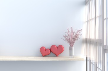 Grey-White living room decor with two hearts ,white wall, window, table, pink rose,vase, drape, curtain,The sun shines through the window. 3d render.For valentine day. 