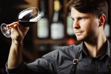 Bokal of red wine on background, male sommelier appreciating drink