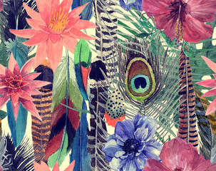 Fototapety  Bezszwowe akwarela ręcznie rysowane wzór z liści, kwiatów, piór.