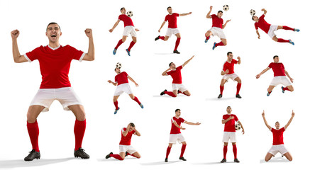 Professional football soccer player with ball isolated white background