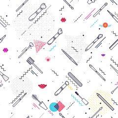 Makeup seamless pattern Memphis style. Illustrations of different cosmetics. Lipstick and pomade, brushes for make up glamour. Vector background