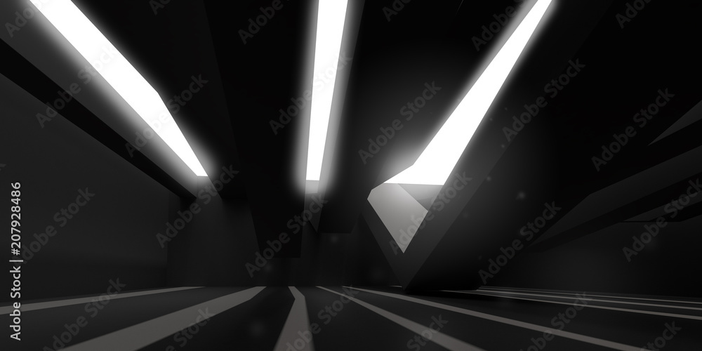 Poster 3d stimulate of dark interior space with sun light cast the roof shadow on the wall and floor,perspe