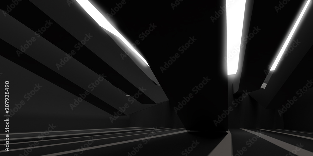 Fototapete 3D stimulate of dark interior space with sun light cast the roof shadow on the wall and floor,Perspective of minimal design architecture,3d rendering	